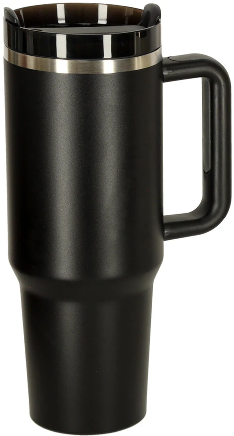 Termo puodelis su šiaudeliu ir rankenėle, 1200 ml talpos juodas termosas.