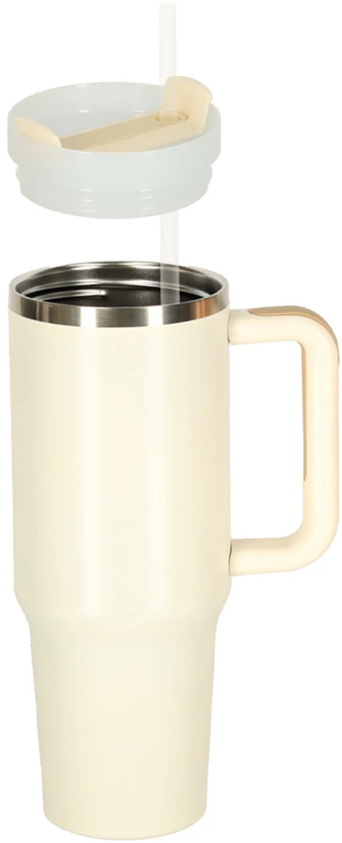 Termo puodelis su šiaudeliu ir rankenėle, 1200 ml talpos, kreminės spalvos termosas.