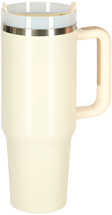 Termo puodelis su šiaudeliu ir rankenėle, 1200 ml talpos, kreminės spalvos termosas.