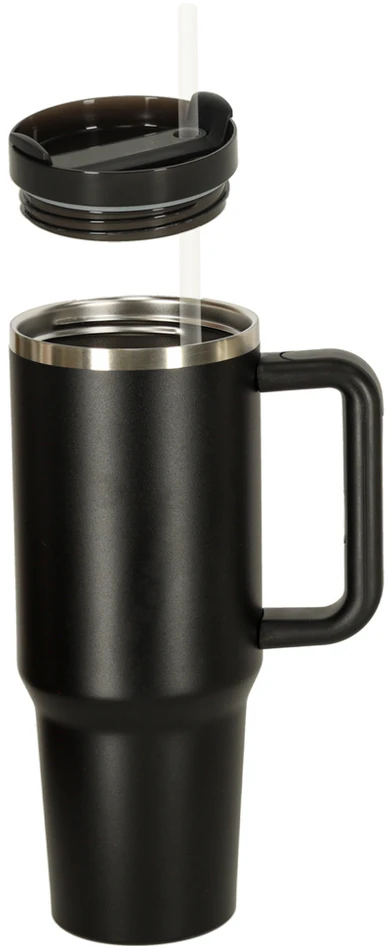 Termo puodelis su šiaudeliu ir rankenėle, 1200 ml talpos juodas termosas.