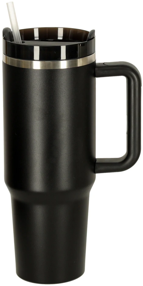 Termo puodelis su šiaudeliu ir rankenėle, 1200 ml talpos juodas termosas.