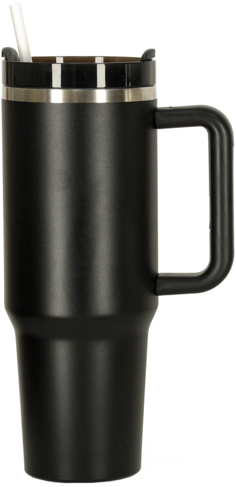 Termo puodelis su šiaudeliu ir rankenėle, 1200 ml talpos juodas termosas.