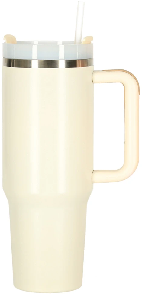 Termo puodelis su šiaudeliu ir rankenėle, 1200 ml talpos, kreminės spalvos termosas.