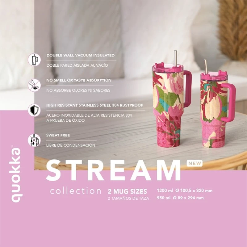 „Quokka Stream“ – nerūdijančio plieno termo puodelis 1200 ml su šiaudeliu (matcha)
