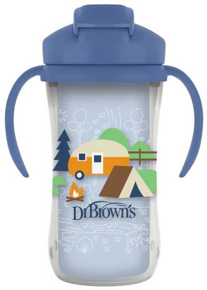 DR. BROWN'S 300 ml gertuvė dvigubomis sienelėmis su šiaudeliu, mėlyna, 12+ mėn.