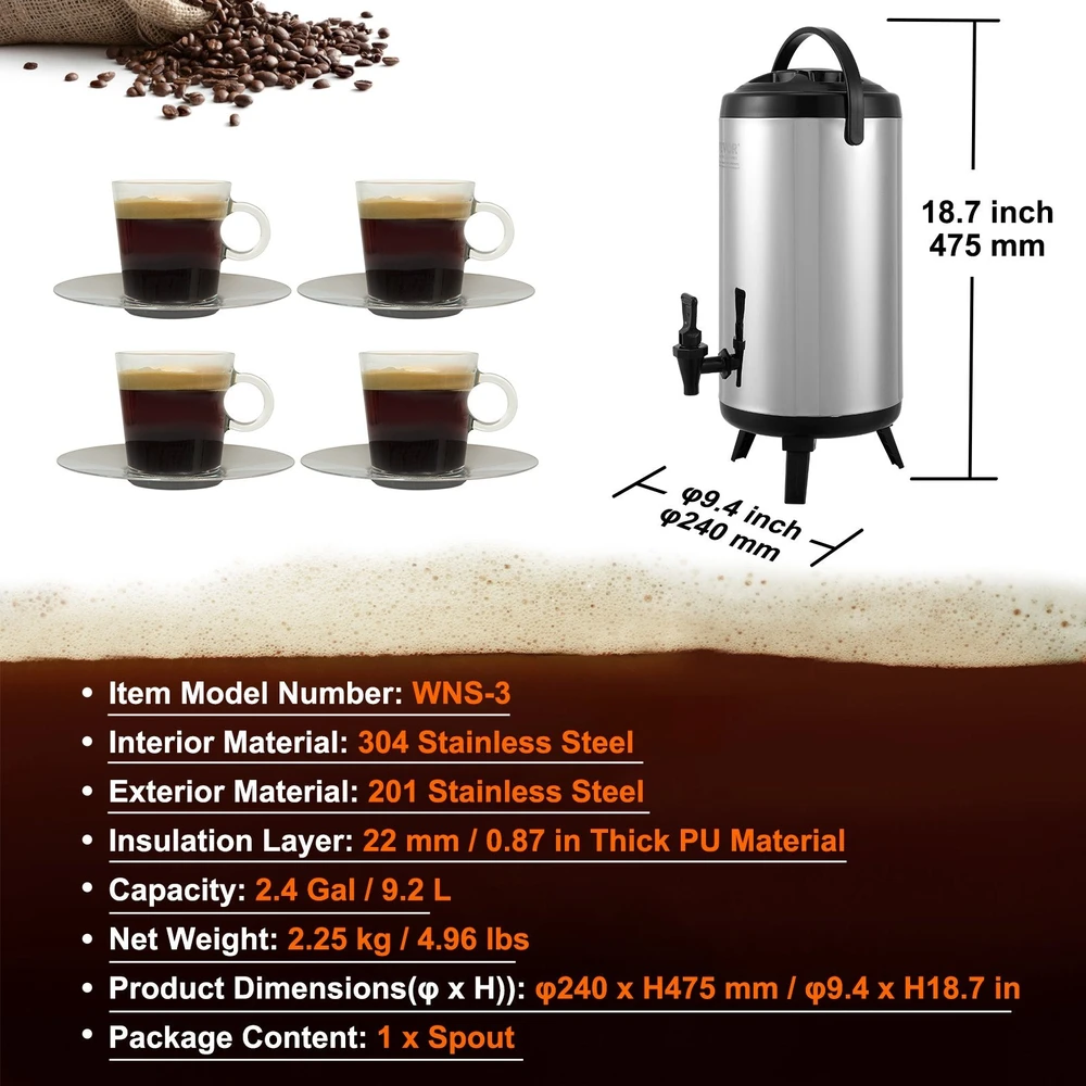 VEVOR Nerūdijančio plieno gėrimų dozatorius 9.2 l