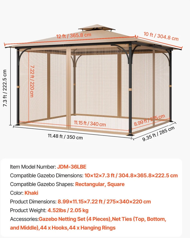 VEVOR Pakeičiamas tinklinis pavėsinės tinklelis 10x12x7.3 m