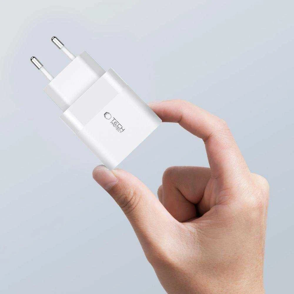 Įkroviklis 30W USB QC3.0 + USB-C PD Tech-Protect C30W baltos spalvos