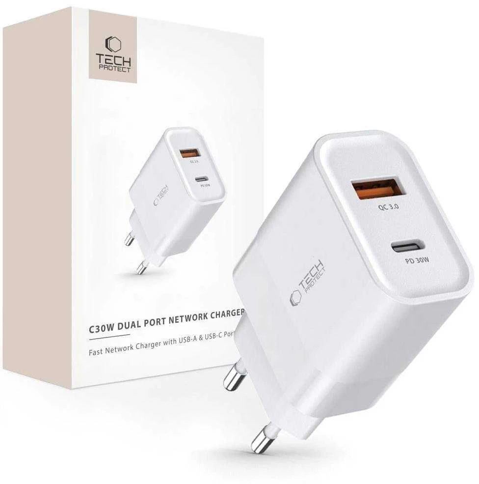 Įkroviklis 30W USB QC3.0 + USB-C PD Tech-Protect C30W baltos spalvos