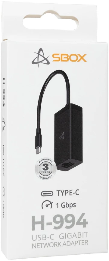 Tinklo adapteris USB-C–RJ-45 Sbox H-994, iki 1 Gbps, 0,1 m, juodas