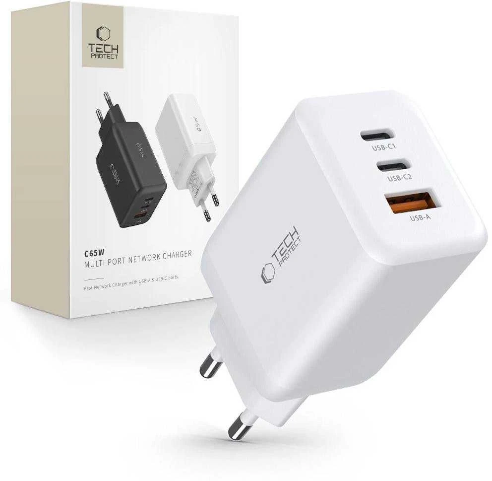 Laidinis įkroviklis 65W 2x USB-C PD + QC3.0 USB Tech-Protect C65W baltos spalvos