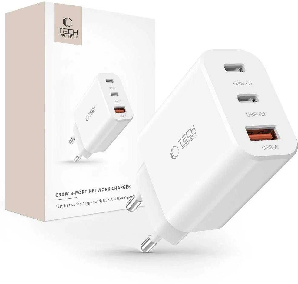 Laidinis įkroviklis 30W 2x PD USB-C + QC3.0 USB Tech-Protect C30W baltos spalvos