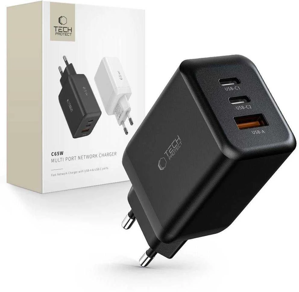 Laidinis įkroviklis 65W 2x USB-C PD + QC3.0 USB Tech-Protect C65W juodos spalvos