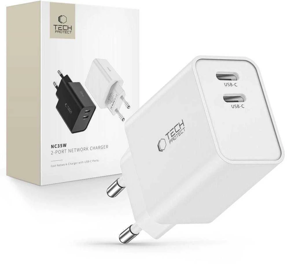 Sieninis įkroviklis 35W 2x USB-C PD Tech-Protect C35W baltos spalvos