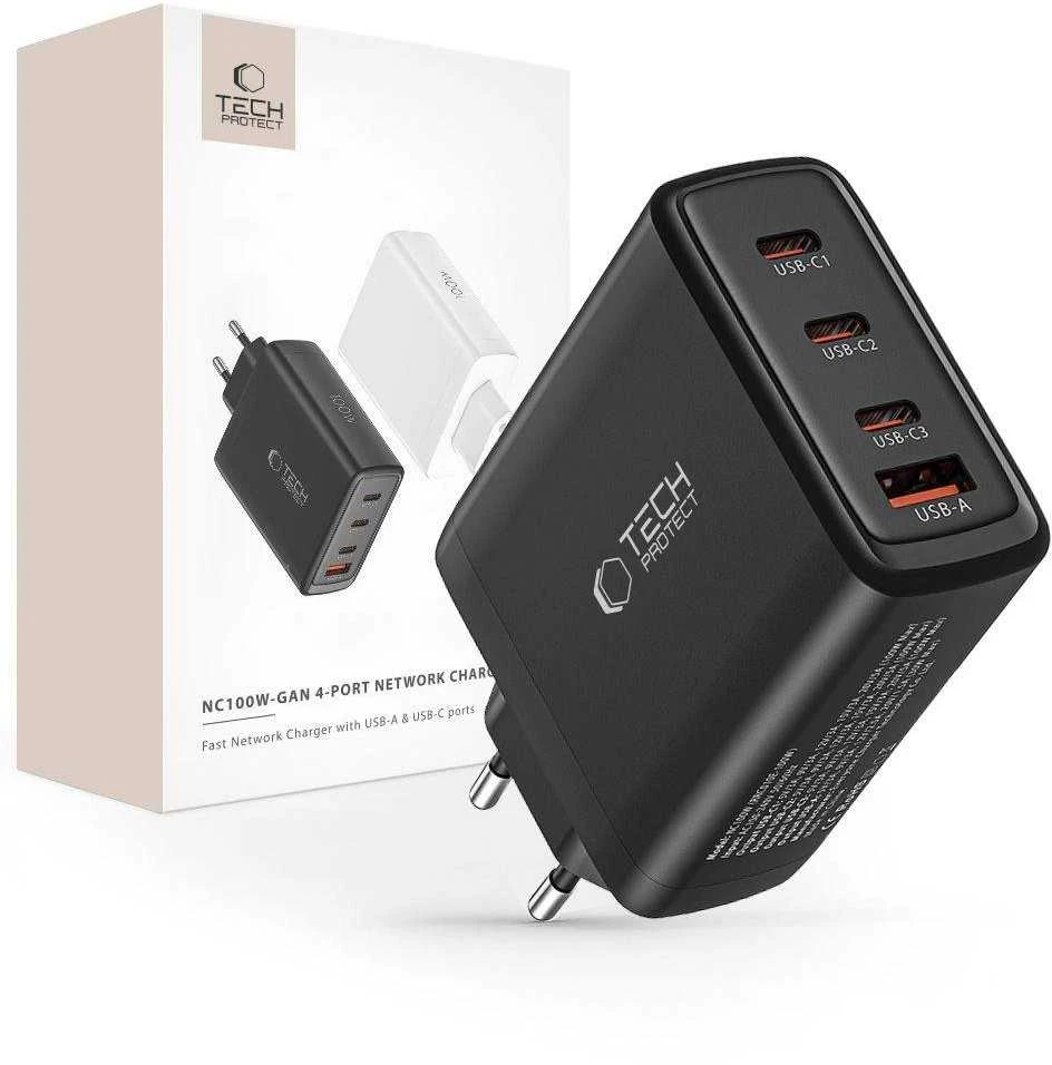 Laidinis įkroviklis 100W 3x USB-C PD + QC3.0 USB Tech-Protect NC100W-GAN juodos spalvos