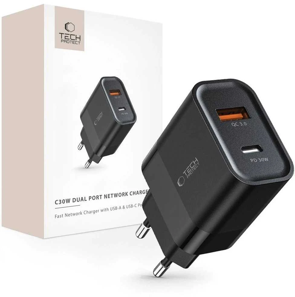 Įkroviklis 30W USB QC3.0 + USB-C PD Tech-Protect C30W juodos spalvos