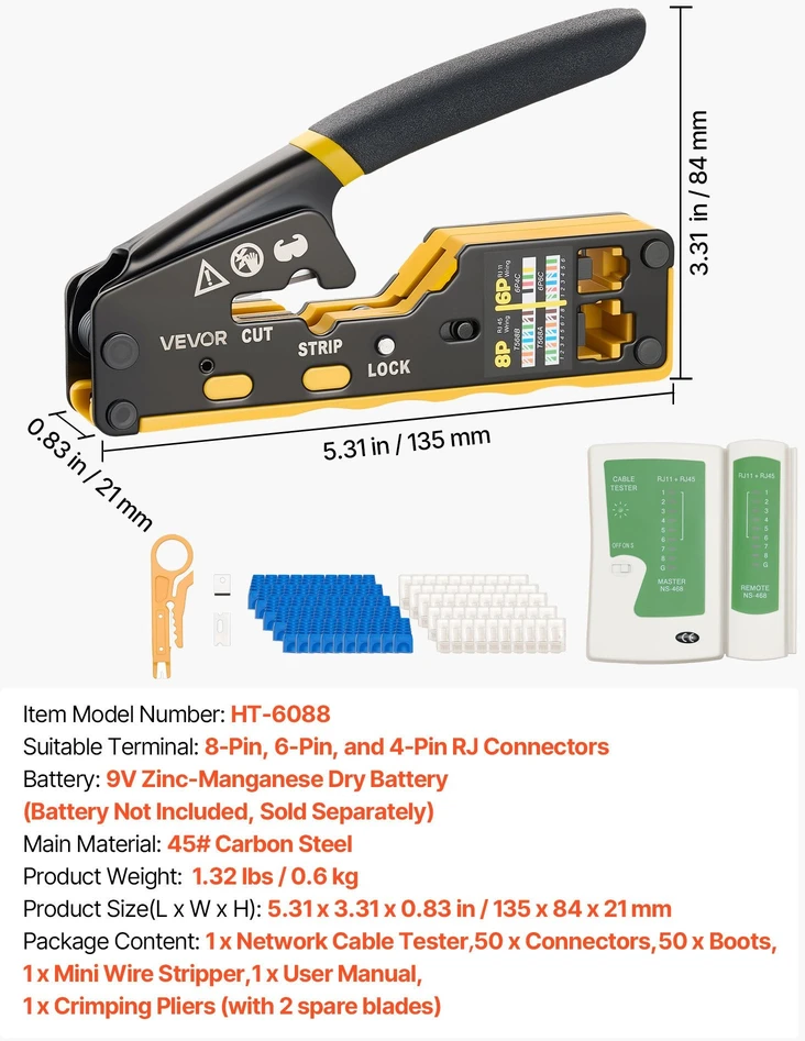 Tinklo kabelių užspaudimo replių rinkinys VEVOR HT-6088, RJ45/RJ11/RJ12
