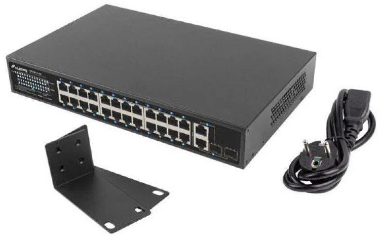Šakotuvas LANBERG Switch Rack 19 colių RSFE-24P-2C-250 24x 100Mb PoE+ 2x Combo Gigabit 250W