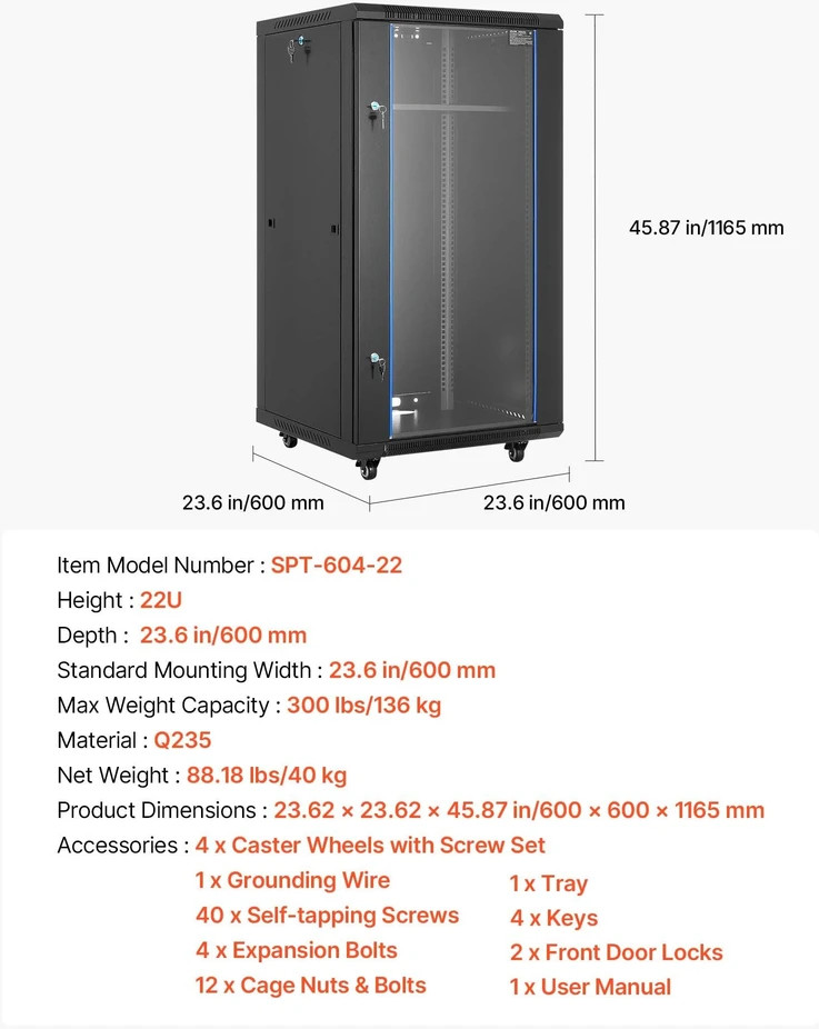 VEVOR 22U tinklo spinta su stiklo durimis 600 mm