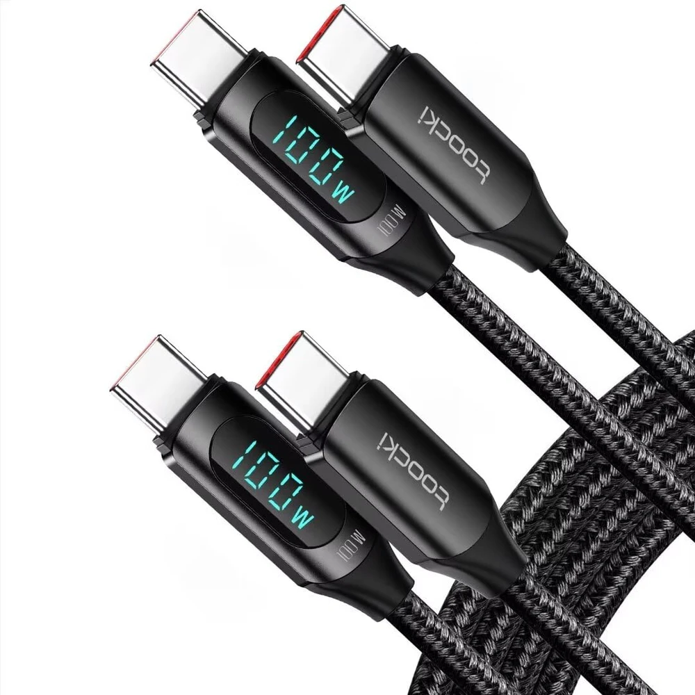 Toocki USB-C į USB-C laidas su LED ekranu, 100W, 1 m, greitasis krovimas, juodas, TQ-X03C2