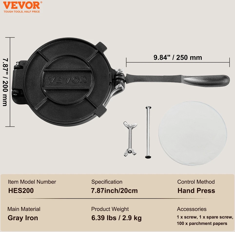 VEVOR Ketaus tortilijų presas, 20 cm