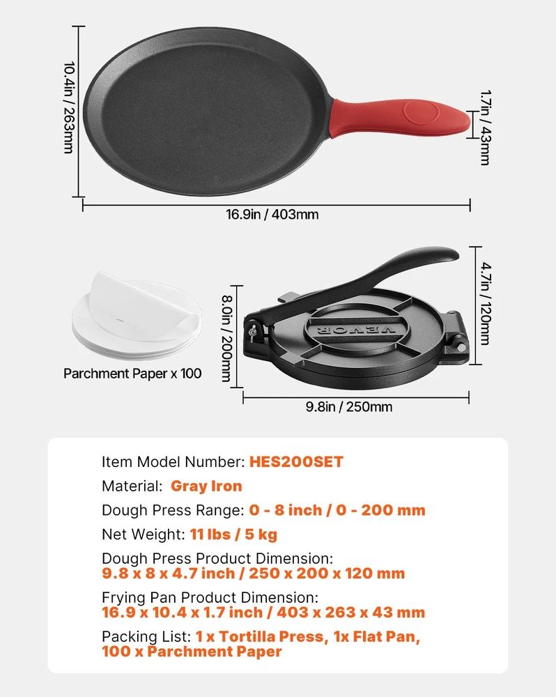 VEVOR 20 cm tortilijų spaustuvas su ketaus korpusu