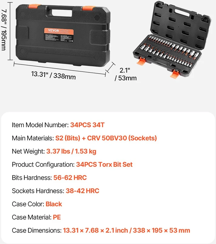 VEVOR Torx galvučių rinkinys 34 dalių