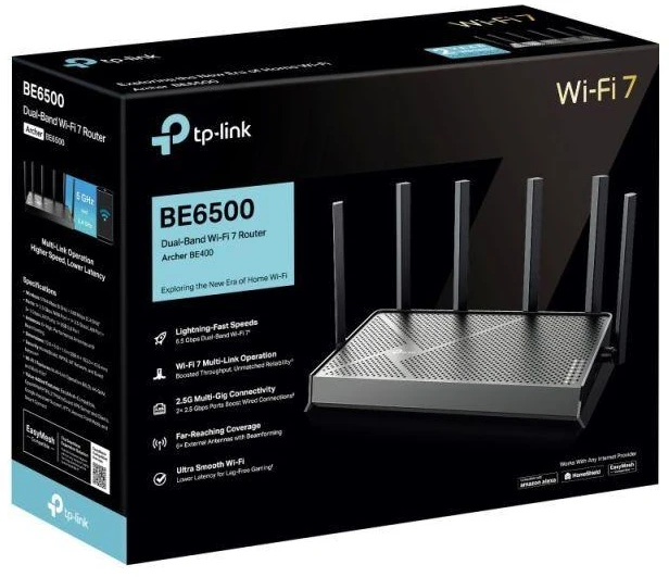 TP-LINK | Archer BE400 BE6500 dviejų dažnių Wi-Fi 7 maršrutizatorius | 802.11ax | Mesh palaikymas Taip | MU-MiMO Taip | Nėra mobiliojo ryšio plačiajuosčio | Antenų tipas Išorinės