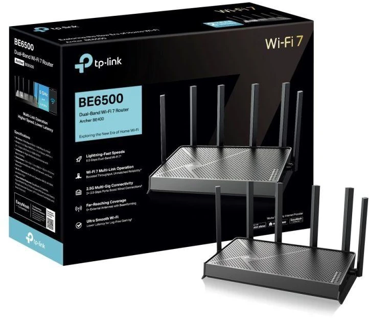 TP-LINK | Archer BE400 BE6500 dviejų dažnių Wi-Fi 7 maršrutizatorius | 802.11ax | Mesh palaikymas Taip | MU-MiMO Taip | Nėra mobiliojo ryšio plačiajuosčio | Antenų tipas Išorinės