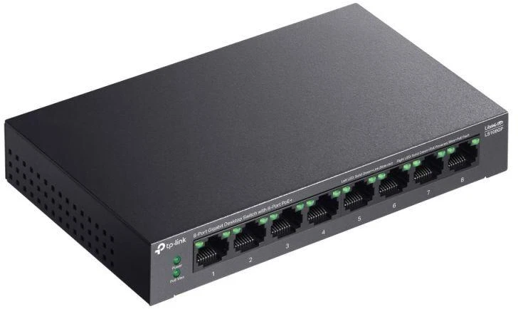 Šakotuvas Carruzzo TP-Link LiteWave LS108GP tinklo komutatorius Ne-valdomas Gigabit Ethernet (10/100/1000) Maitinimas per Eternetą (PoE) Juoda