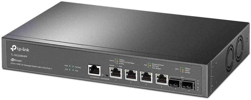Ausinės TP-Link Omada SX3206HPP tinklo jungiklis, valdomas L2+, 10G Ethernet (100/1000/10000), PoE palaikymas, juodas