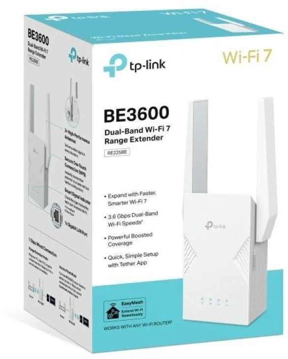 Maršrutizatorius TP-LINK BE3600 dviejų dažnių „Wi-Fi 7“ diapazono ilgintuvas | RE225BE | 802.11ax | 2882/688 Mbit/s | Ethernet LAN (RJ-45) jungtys: 1 | MU-MiMO: Ne | ne PoE | Antenos tipas: išorinė
