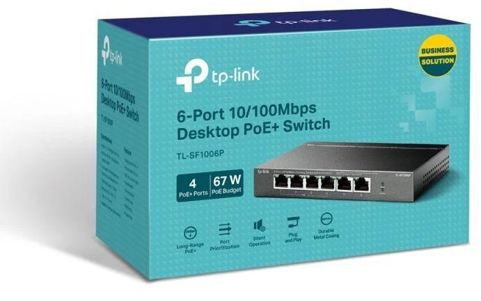 Ausinės TP-Link TL-SF1006P tinklo jungiklis, nevaldomas, Fast Ethernet (10/100), PoE palaikymas, juodas