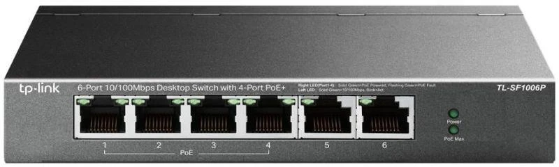 Ausinės TP-Link TL-SF1006P tinklo jungiklis, nevaldomas, Fast Ethernet (10/100), PoE palaikymas, juodas