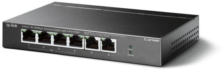Ausinės TP-Link TL-SF1006P tinklo jungiklis, nevaldomas, Fast Ethernet (10/100), PoE palaikymas, juodas