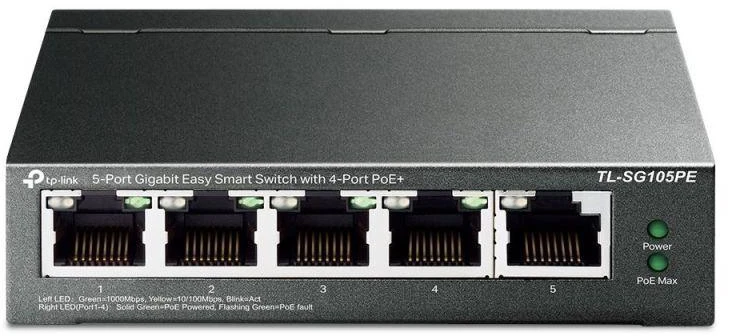 Ausinės TP-Link TL-SG105PE valdomas L2 gigabitinis eterneto komutatorius (10/100/1000), palaikantis PoE, juodas