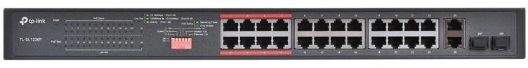 TP-LINK 26 prievadų 10/100Mbps PoE+ jungiklis 24 10/100Mbps PoE+ prievadai 2 Gigabit RJ45 prievadai 2 Combo SFP lizdai 802.3at/af 250W PoE