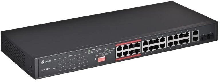 TP-LINK 26 prievadų 10/100Mbps PoE+ jungiklis 24 10/100Mbps PoE+ prievadai 2 Gigabit RJ45 prievadai 2 Combo SFP lizdai 802.3at/af 250W PoE