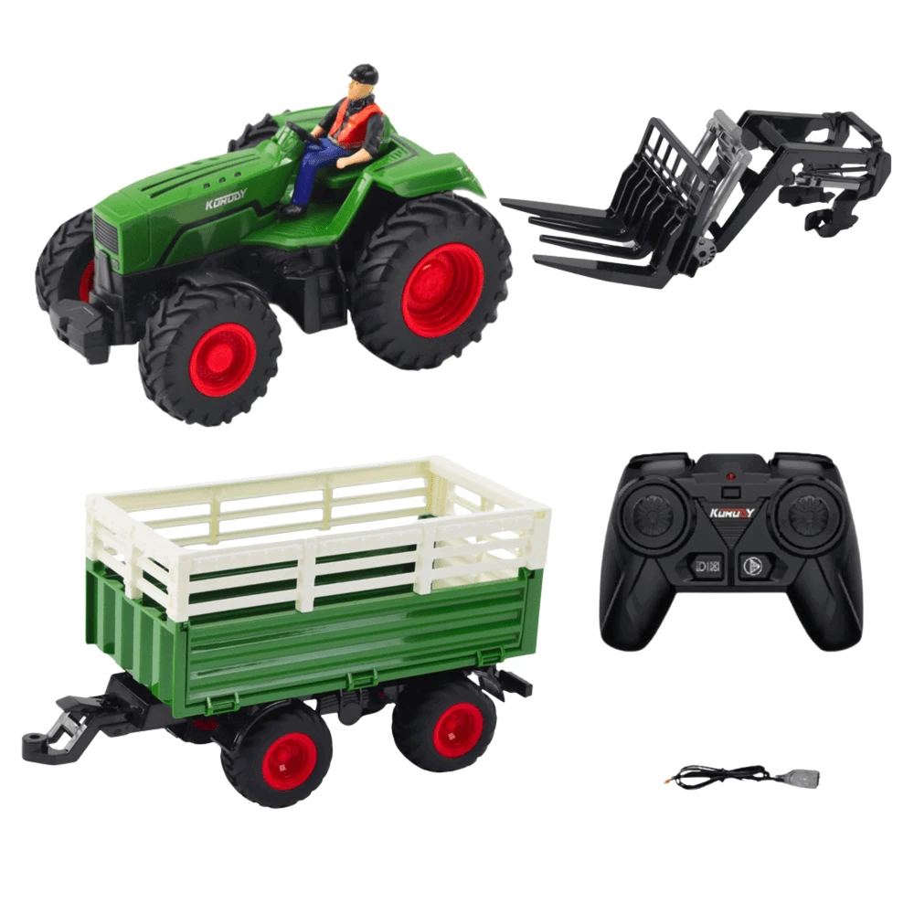 Lean Toys Nuotoliniu būdu valdomas traktorius su priekaba ir šakėmis