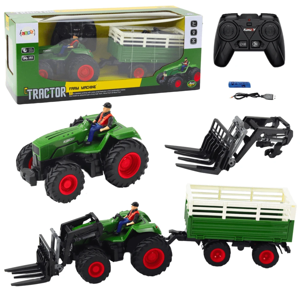Lean Toys Nuotoliniu būdu valdomas traktorius su priekaba ir šakėmis