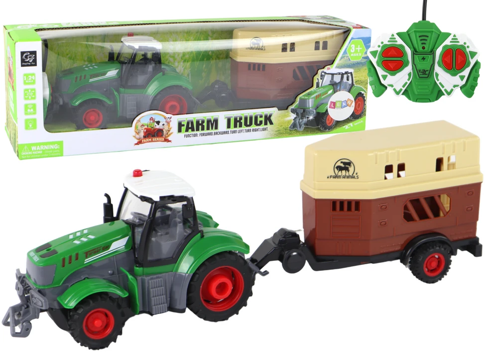 Lean Cars Nuotoliniu būdu valdomas traktorius su priekaba Lean Toys, žalias/pilkas, 41x11x12 cm