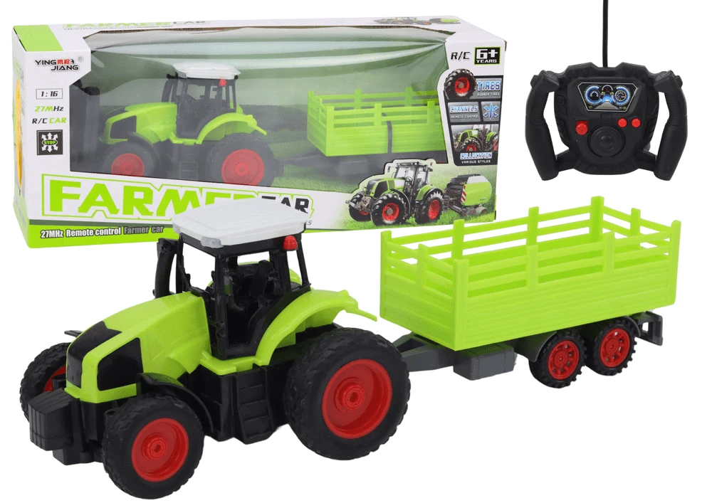 Lean Toys Nuotoliniu būdu valdomas žaislinis traktorius su priekaba 1:16