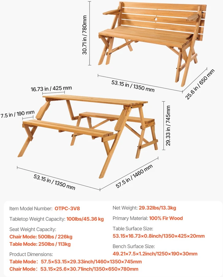 VEVOR medinis pikniko stalas su suoliuku 2-in-1