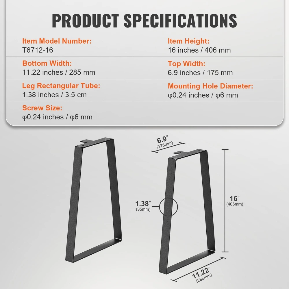 VEVOR Trapezoidinės plieninės stalo kojos 406 mm, 2 vnt.