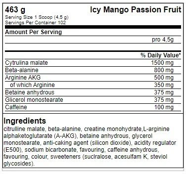 Treniruočių booster FA Nutrition ICE Pump Pre-Workout 463 g, tropinių vaisių skonio