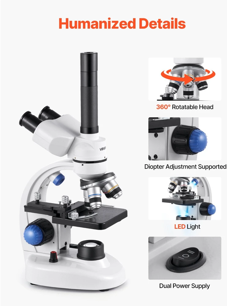 VEVOR Trinokulinis jungiamasis mikroskopas 40-5000X