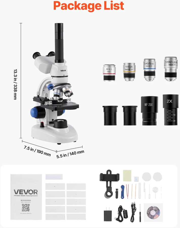 VEVOR Trinokulinis jungiamasis mikroskopas 40-5000X