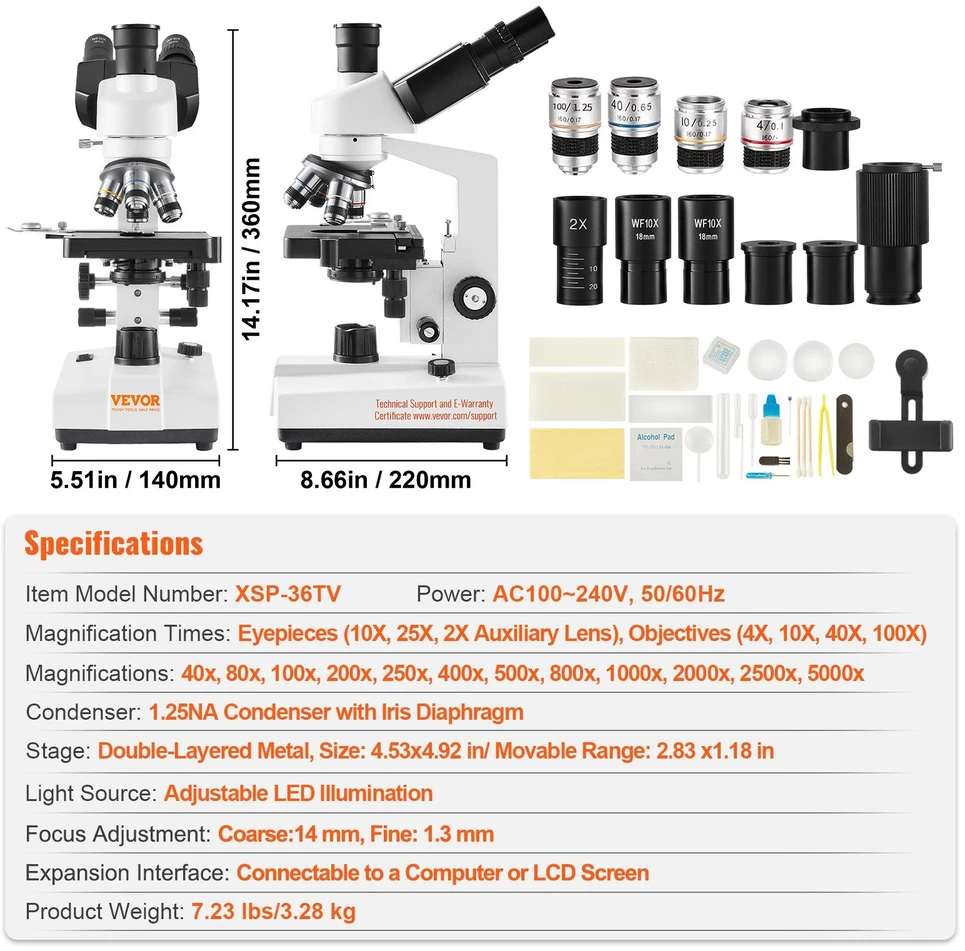 VEVOR Trinokulinis mikroskopas 40X-5000X