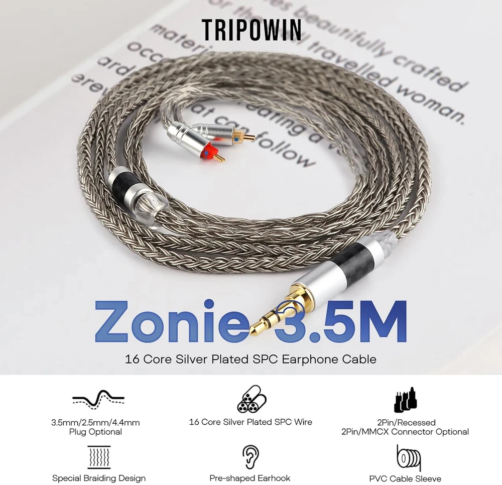 Tripowin IEM ausinių keičiamasis laidas Zonie, 16 gyslų, 2 kontaktų 0,78 mm, 3,5 mm
