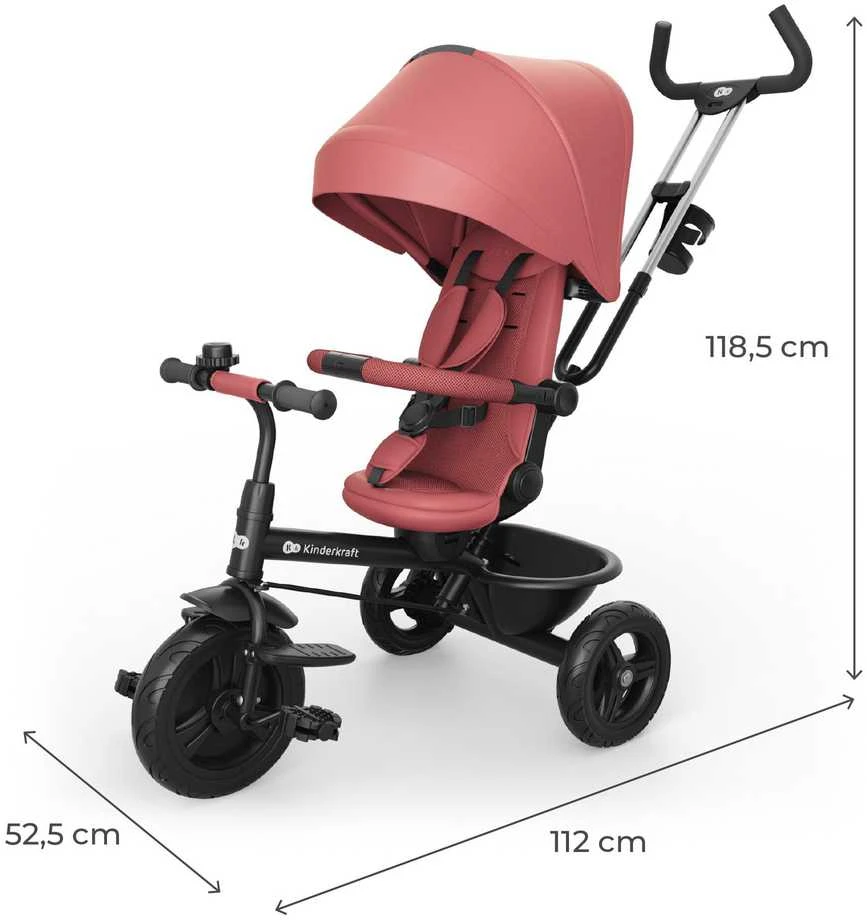 Kinderkraft ASTON 2 PLUS rožinis triratukas su matmenimis